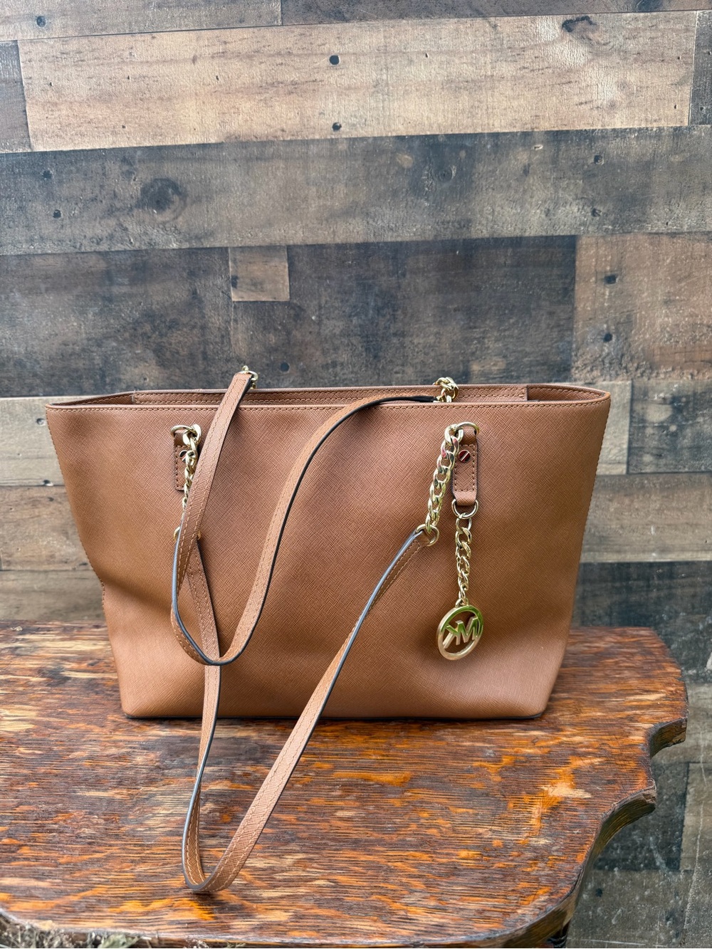 Michael Kors Brown Saffiano Leather Tote with Gold Logo Charm